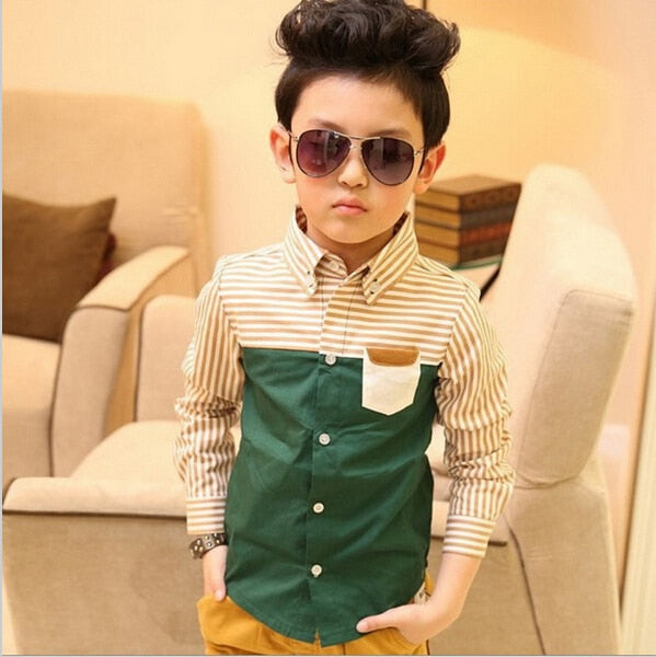 New Kids Striped Dress Shirts for Boys | Fashionable Cotton Patchwork Wedding Formal Shirt for Boys