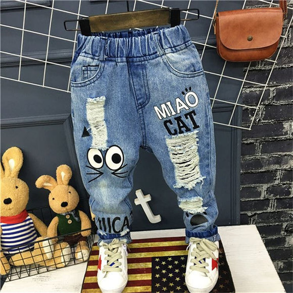 New Spring Autumn Children Jeans Trouser | 1-7 Years Baby Boys & Girls Casual Jeans Cartoon Cat Hole Jeans Pant