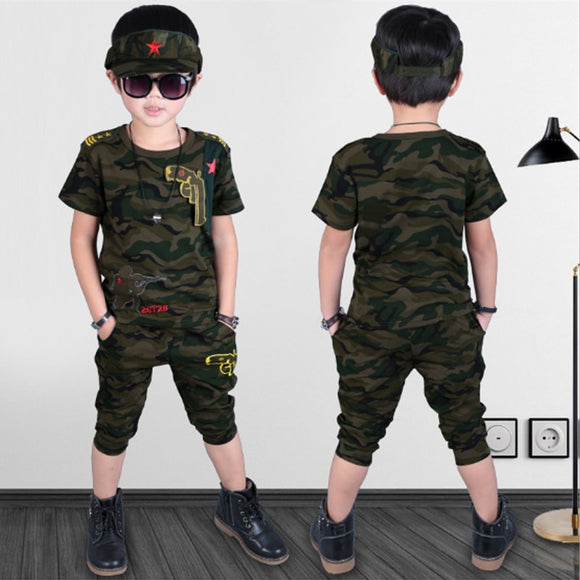 Boys Clothing Summer Solid Cotton Camouflage T-Shirt + Pant Set