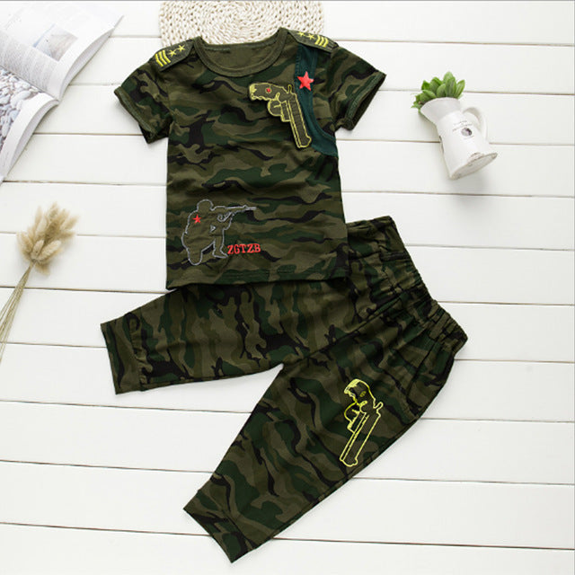 Boys Clothing Summer Solid Cotton Camouflage T-Shirt + Pant Set