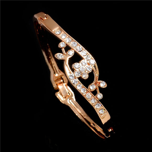 Golden Plated Cuff Bracelets For Women | Ladies Romantic Rhinestone Beads Flower Charms Bracelet