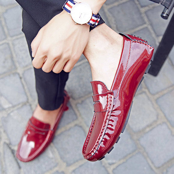 Penny Loafers Patent Leather Moccasins Burgundy Shoes for Men