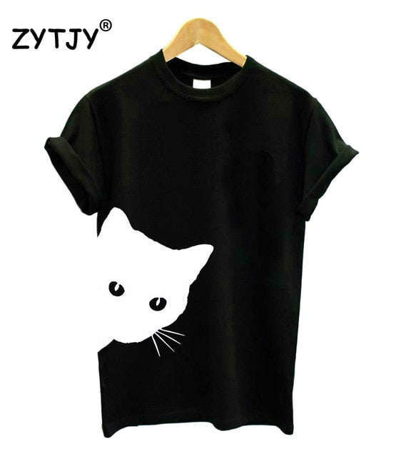 Cat Looking Out Side Print Cotton Casual Funny T-Shirt for Women