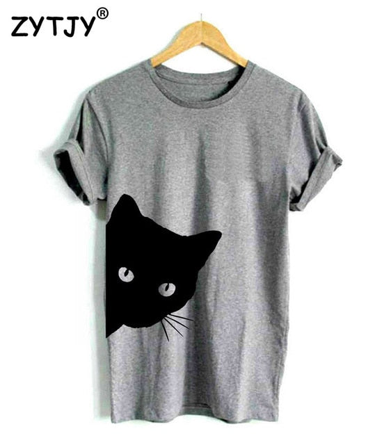 Cat Looking Out Side Print Cotton Casual Funny T-Shirt for Women