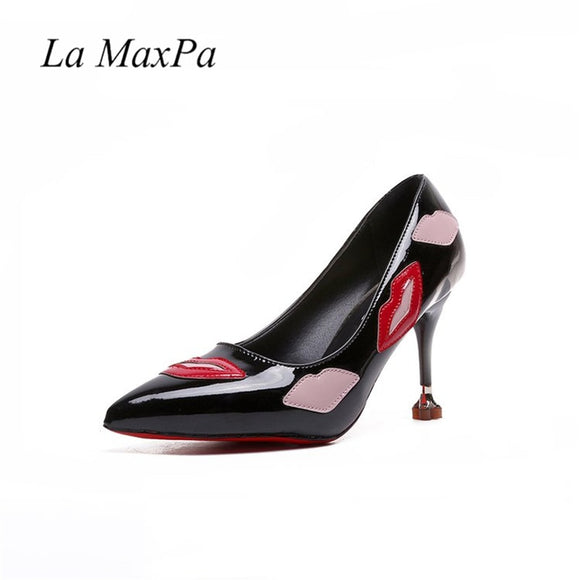 Shiny Leather Red Sole Lips Printed High Heel Pumps Shoes for Women