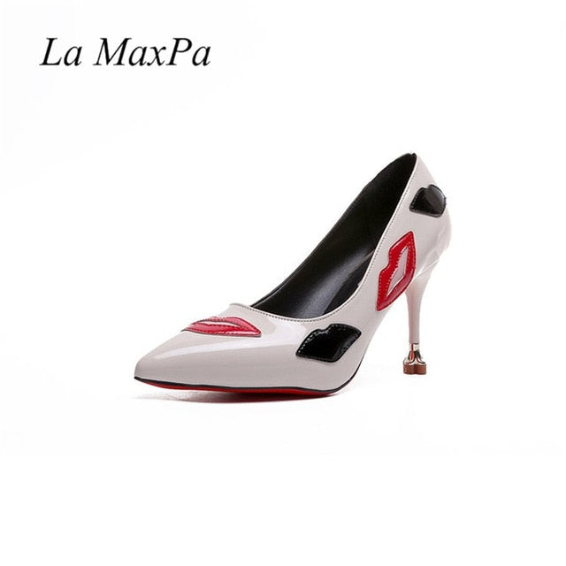 Shiny Leather Red Sole Lips Printed High Heel Pumps Shoes for Women