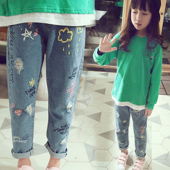 Personality Cloud Graffiti Printing Hole Casual Girls Jeans | Children's Boutique Pant For Girls