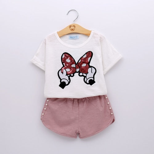 Fashionable Bow Short Sleeve T-Shirt + Pant for Baby Girls | Baby Girls Clothes Set