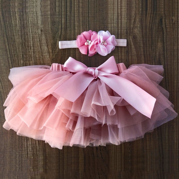 Baby Girl Tutu Skirt 2 PCS Tulle Lace Bloomers Diaper | Newborn Infant Outfits with Headband Flower