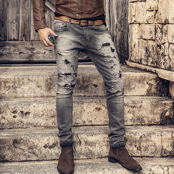 Men Retro Straight Casual Ripped Holes Jeans