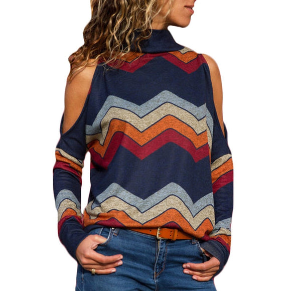 Cold Shoulder Casual Turtleneck Top | Jumper Pullover Print Long Sleeve Shirt