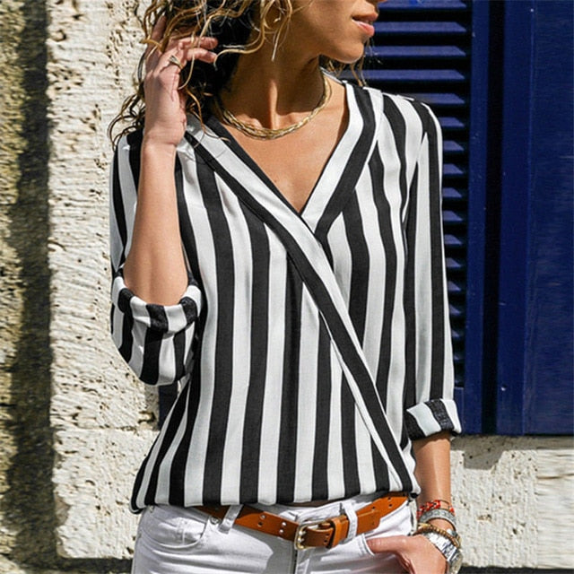 Women Striped Long Sleeve V-neck Shirt