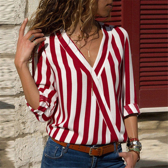 Women Striped Long Sleeve V-neck Shirt