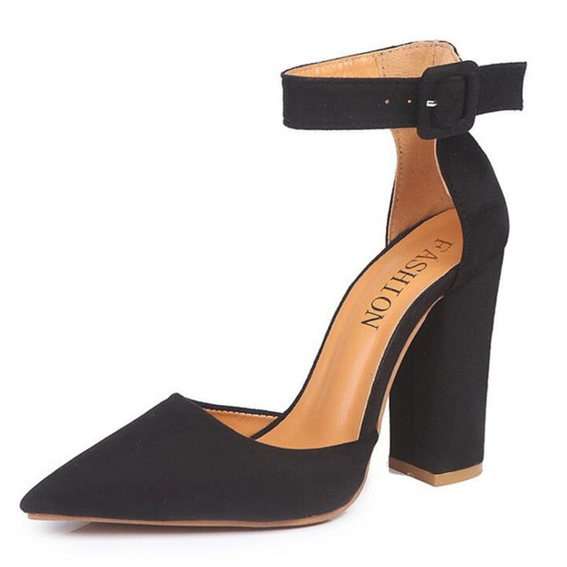 New Women Thick Heel Pumps with Buckle Flock Vamp