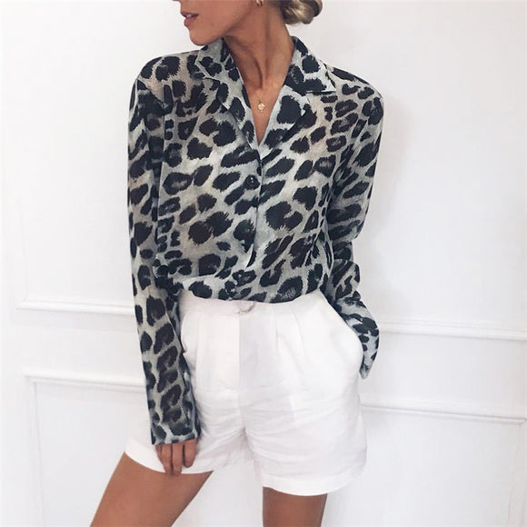 Leopard Print Long Sleeve Chiffon Blouse | Lady Office Tunic Casual Loose Top Shirt