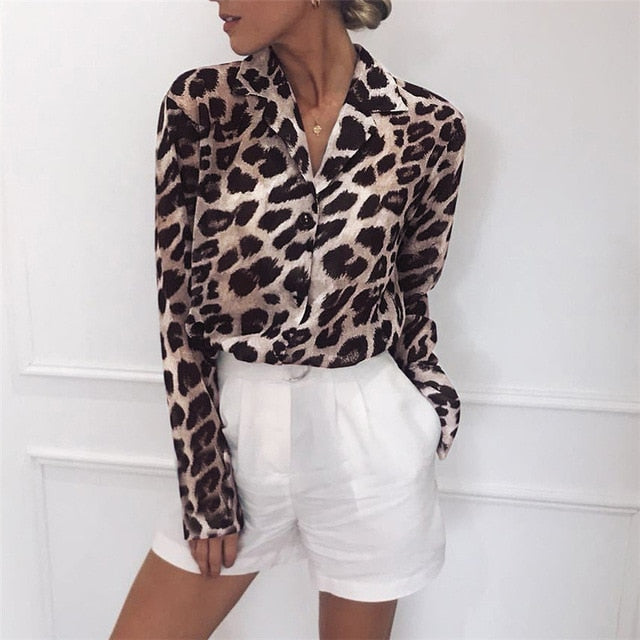 Leopard Print Long Sleeve Chiffon Blouse | Lady Office Tunic Casual Loose Top Shirt