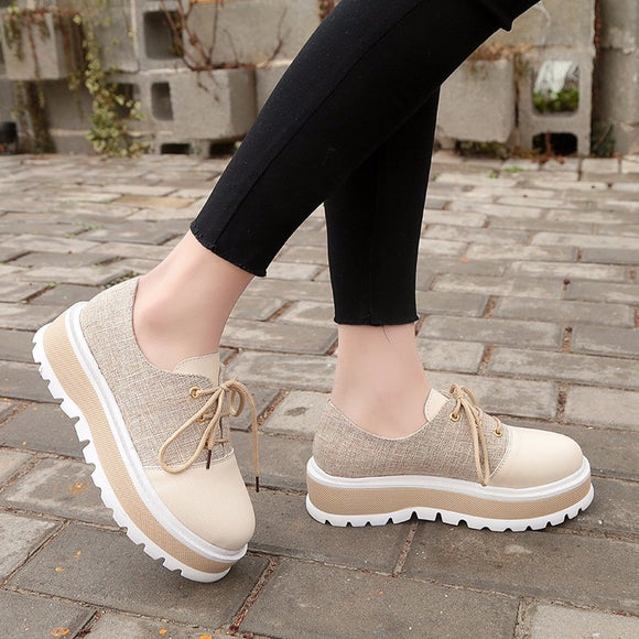 Platform Solid Color Lace Up Women Round Toe Casual Shoes