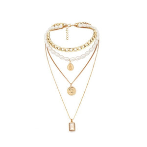 Geometric Crystal Pendant Pearl Multiplier Chain Necklaces for Women