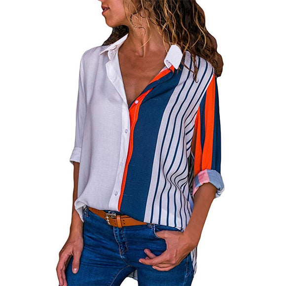 Women Long Sleeve Chiffon Striped Blouse | Turn Down Collar Lady Office Casual Shirt