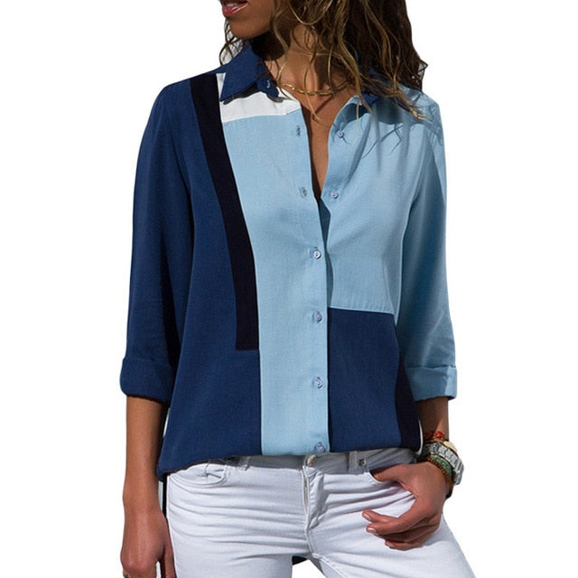 Women Long Sleeve Chiffon Striped Blouse | Turn Down Collar Lady Office Casual Shirt