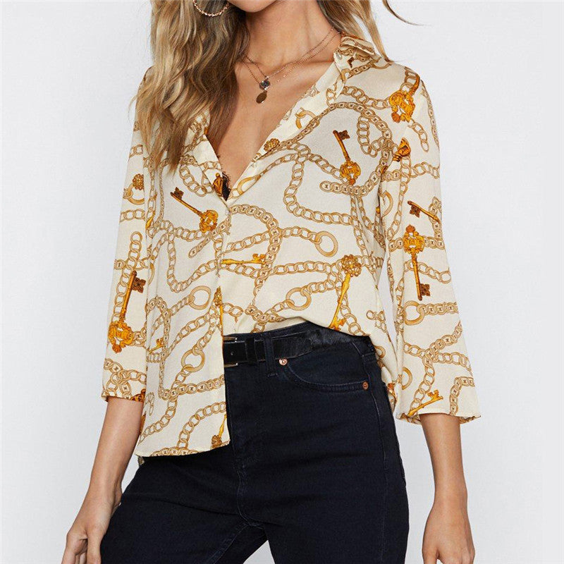 Chain Print Summer Chiffon Blouse for Women | Turn Down Collar Office Loose Casual Top Shirts