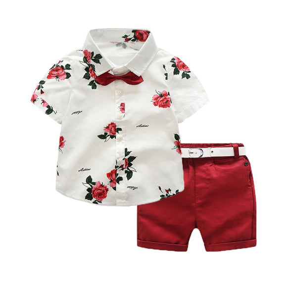 Summer Toddler Fashionable Boy Clothes Set | Casual Flower Print Shirt + Short Clothing Set