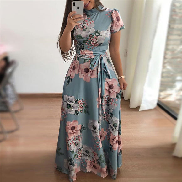 Floral Print Summer Long Maxi Casual Short Sleeve Turtleneck Party Dress for Women