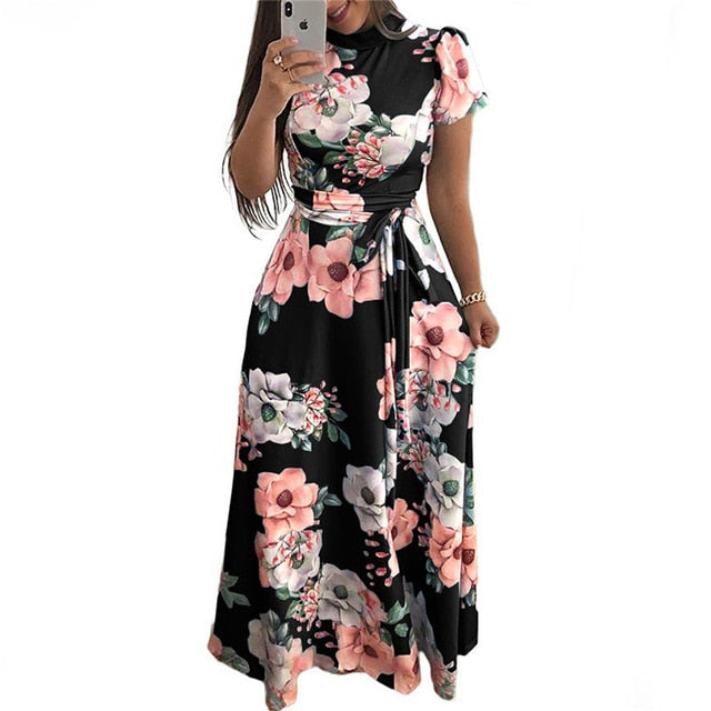 Floral Print Summer Long Maxi Casual Short Sleeve Turtleneck Party Dress for Women
