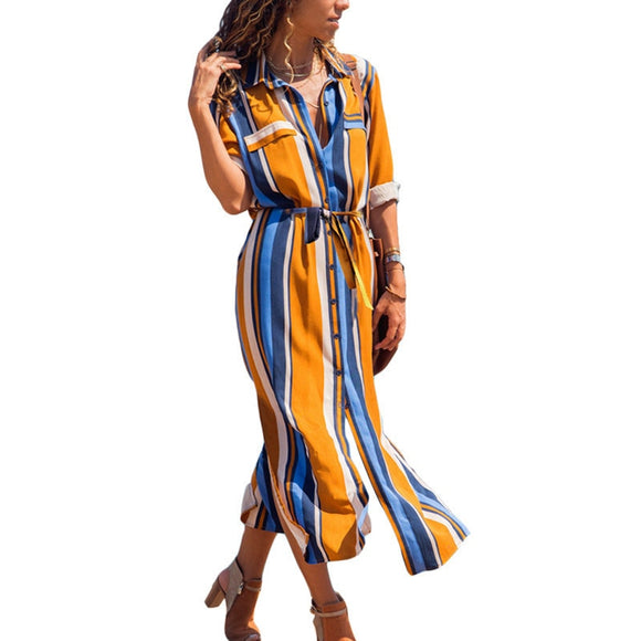 Turn Down Collar Office Ladies Stripe Shirt | Casual Long Sleeve Elegant Party Dress Vestidos