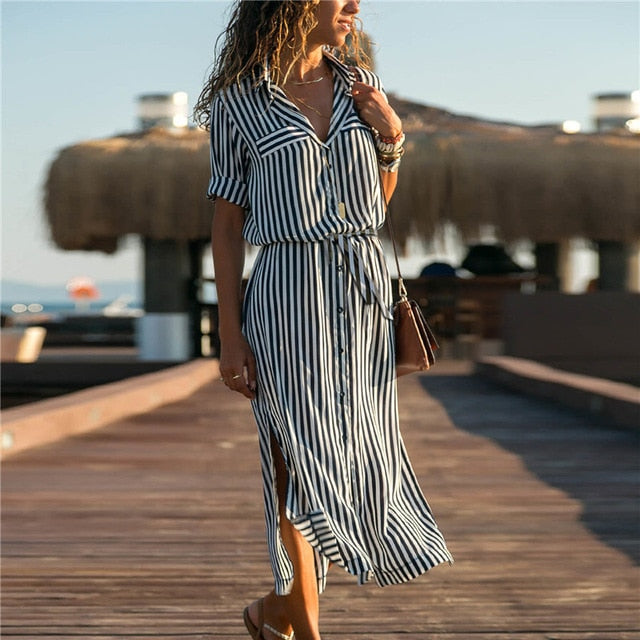 Turn Down Collar Office Ladies Stripe Shirt | Casual Long Sleeve Elegant Party Dress Vestidos
