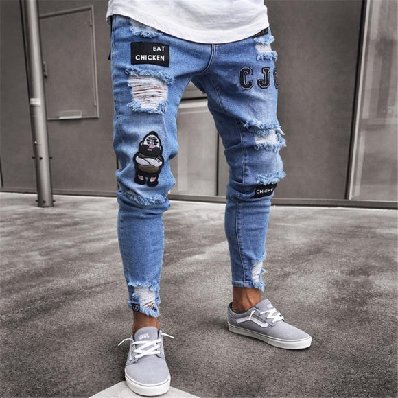 New Fashionable Street Wear Men Jeans Vintage Blue | Slim Destroyed Ripped Jeans Broken Punk Pant