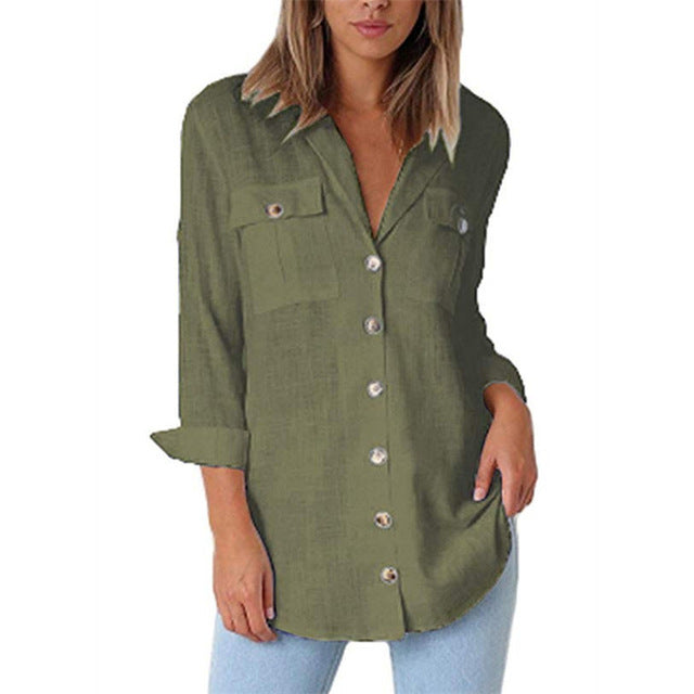 Women Solid Long Sleeve Casual Blouse | Blouse Top Office Turn Down Collar Shirt | Women Button Tunic Blouse With Pockets