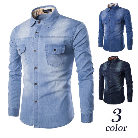 Fashionable Denim Long Sleeve Jeans Shirt | Cardigan Casual Two-Pocket Men's Shirt