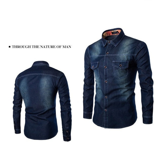 Fashionable Denim Long Sleeve Jeans Shirt | Cardigan Casual Two-Pocket Men's Shirt