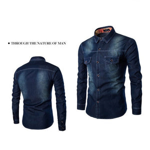 Fashionable Denim Long Sleeve Jeans Shirt | Cardigan Casual Two-Pocket Men's Shirt