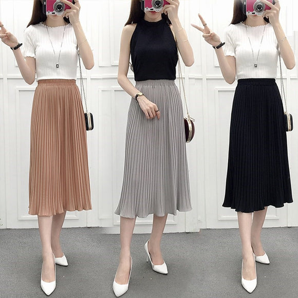 Spring Long Pleated Casual High Waist Elastic Waist Party Skirt for Women