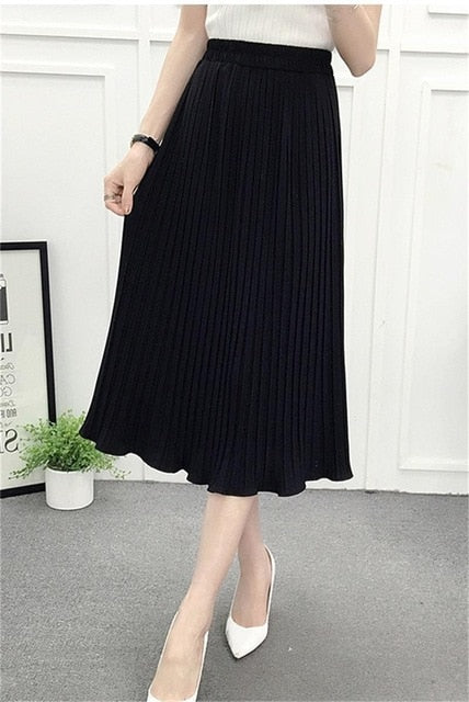 Spring Long Pleated Casual High Waist Elastic Waist Party Skirt for Women