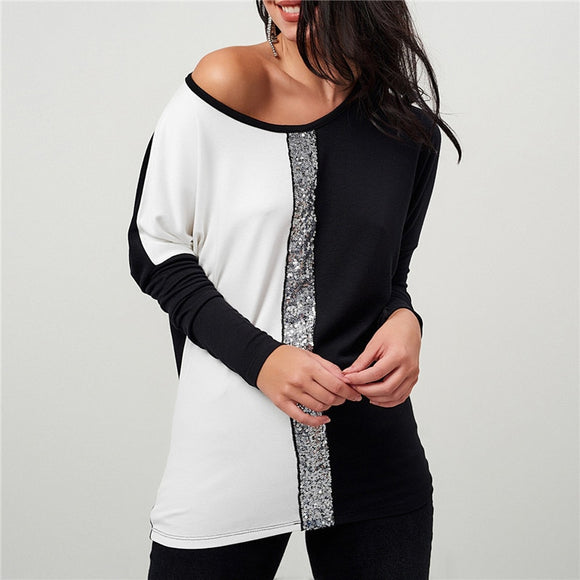 Off Shoulder Long Sleeve Ladies Top Blouse | Sequined Patchwork Tunic Casual Loose Top Shirt