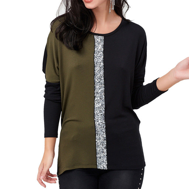 Off Shoulder Long Sleeve Ladies Top Blouse | Sequined Patchwork Tunic Casual Loose Top Shirt