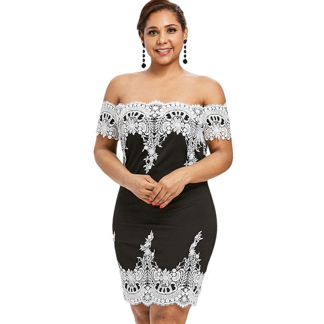Plus Size Eyelash Lace Trim Off Shoulder Short Sleeve Dress for Women