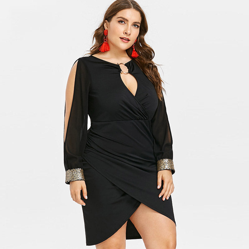 Plus Size Keyhole Neck Sequined Slit Autumn Party Dress for Women