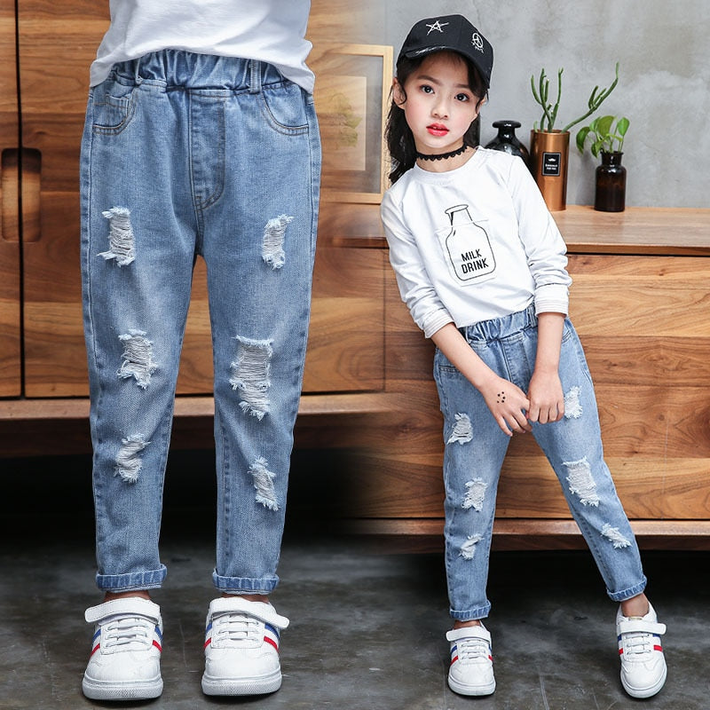 Autumn Girls Ripped Jeans Pant | Holes Jeans Big Kids Fashion Denim Trousers (4-13 Years)