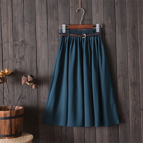 Summer Knee Length High Waist School Skirt With Belt for Women