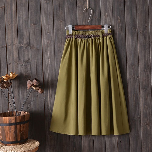Summer Knee Length High Waist School Skirt With Belt for Women
