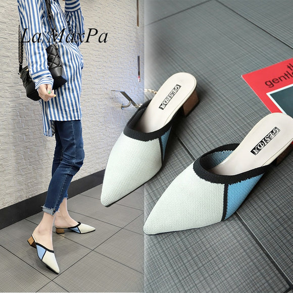 Cotton Stretch Farbic Half Slippers Pointed Toe Thick Heel Shoes for Women