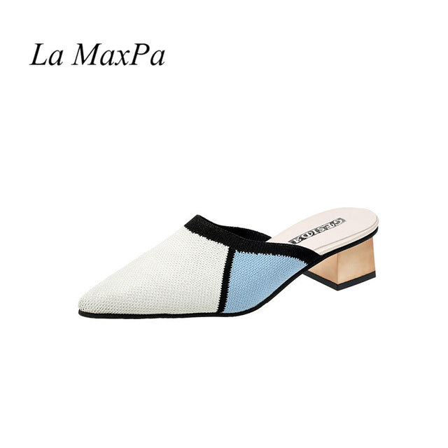 Cotton Stretch Farbic Half Slippers Pointed Toe Thick Heel Shoes for Women