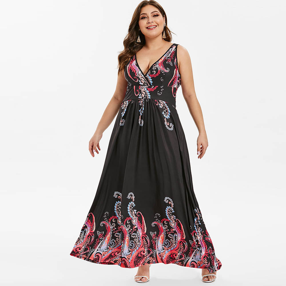 Plus Size V Neck Tribal Print Sleeveless Maxi Dress for Women