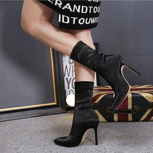 Stretch Socks Super High-Heeled Pumps Ladies Solid Satin Fashion Shoes