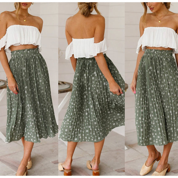 Floral Print High Waist Long Pleated Chiffon Skirt for Women