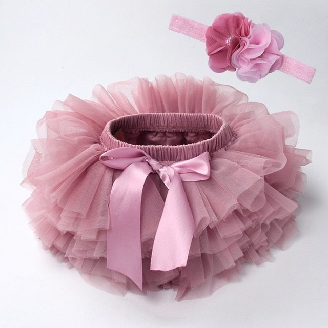 Baby Girl Tutu Skirt 2 PCS Tulle Lace Bloomers Diaper | Newborn Infant Outfits with Headband Flower